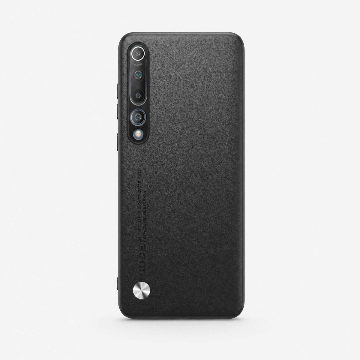 Xiaomi Mi 10 Luxury case in black textured leather-look material, with a vertical camera cutout and circular metal detail