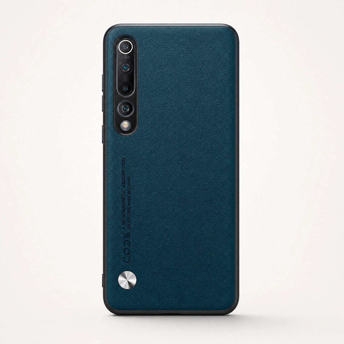 Phone case, Xiaomi Mi 10 Luxury, dark teal textured leather-look finish with a vertical camera cutout and silver button