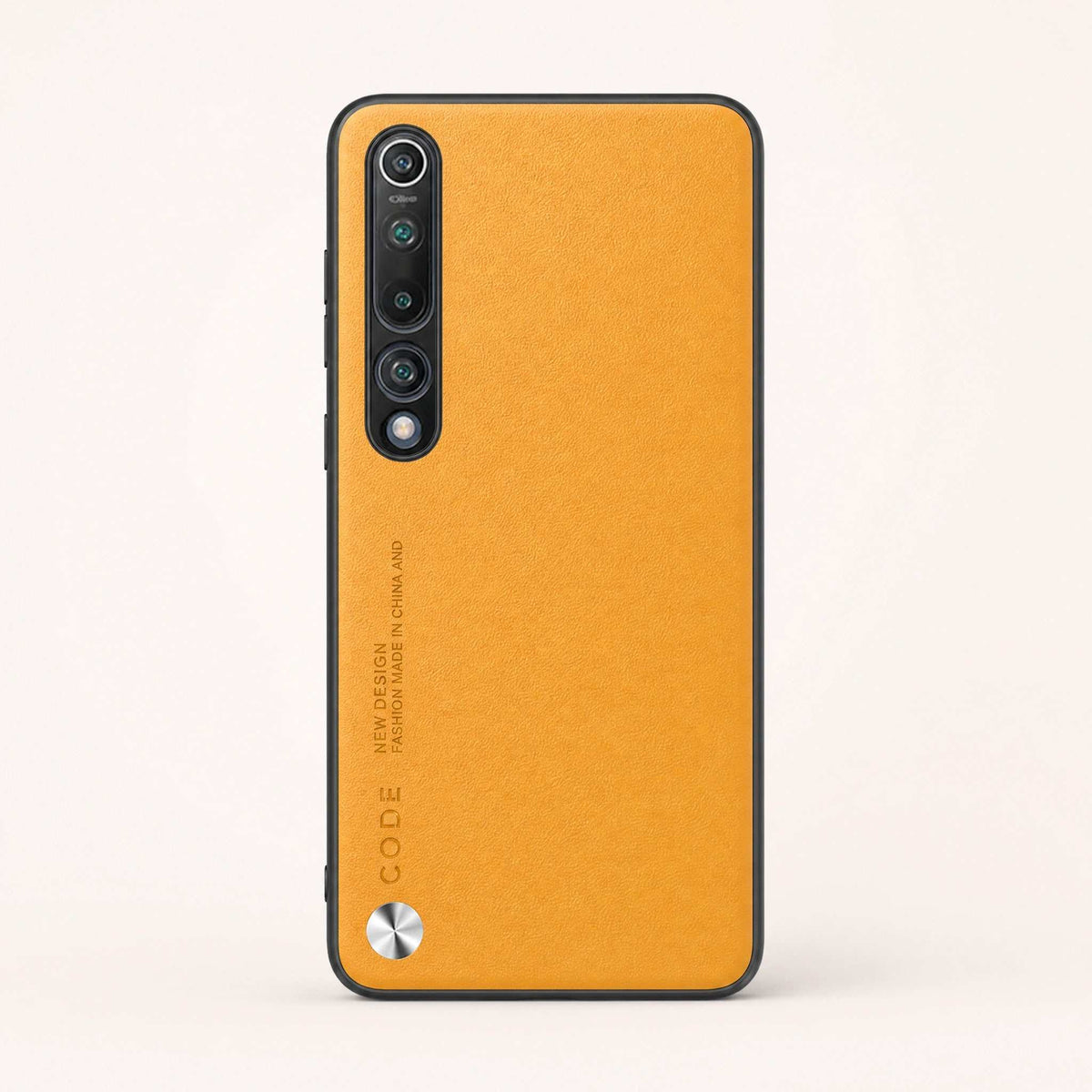 Xiaomi Mi 10 Luxury case in orange textured leather-look material with a slim profile and vertical camera cutouts