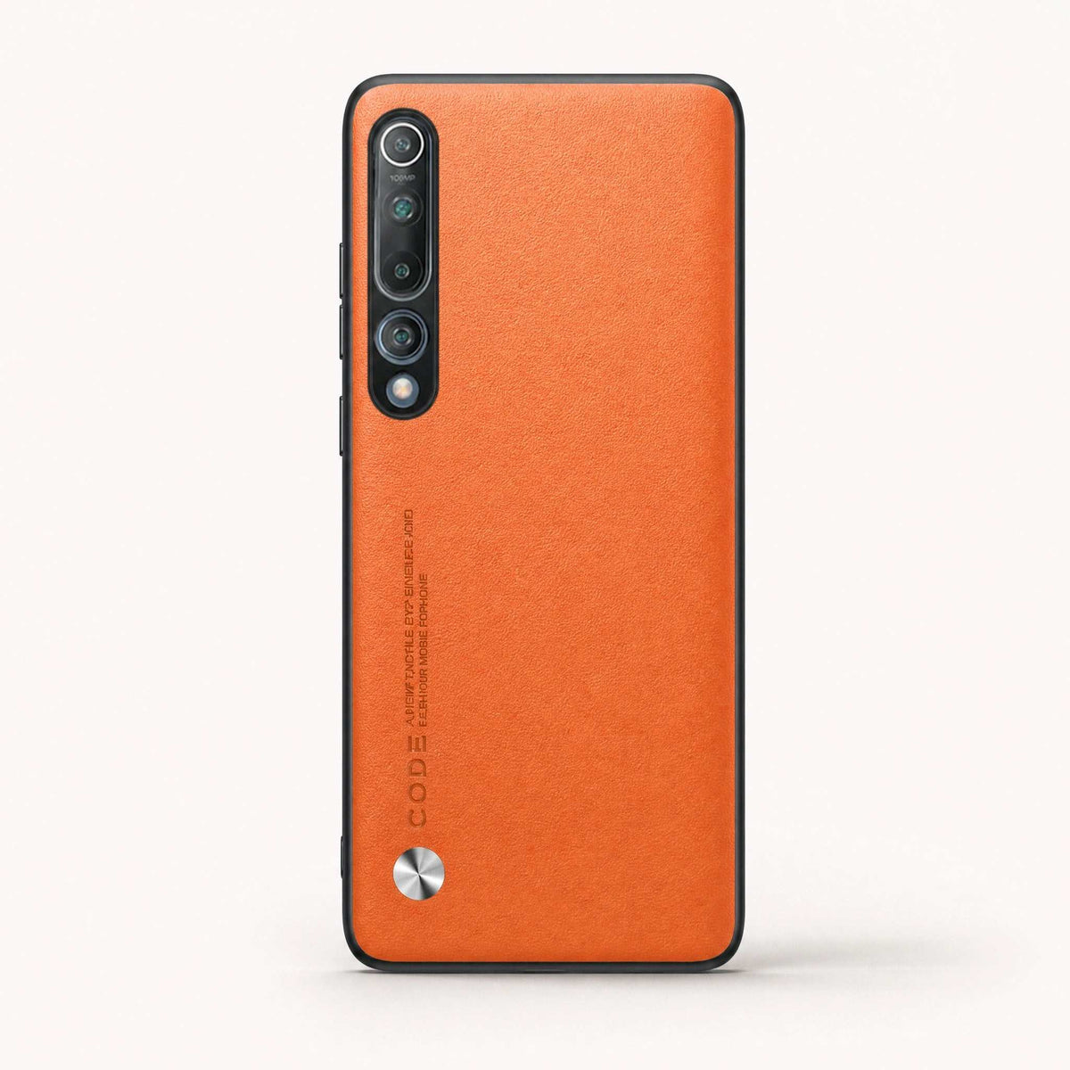 Xiaomi Mi 10 Luxury case in orange textured leather-look material, with black edges and a vertical camera cutout