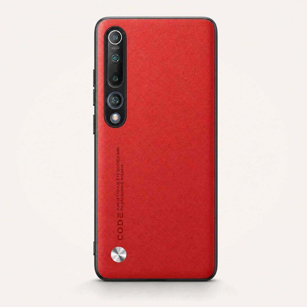 Xiaomi Mi 10 Luxury case in vivid red with a fine leather-like texture, black edges and a vertical camera cutout