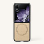 Xiaomi Mix Flip MagSafe case with a beige textured leather-look lower panel, black bumper, and circular magnetic ring