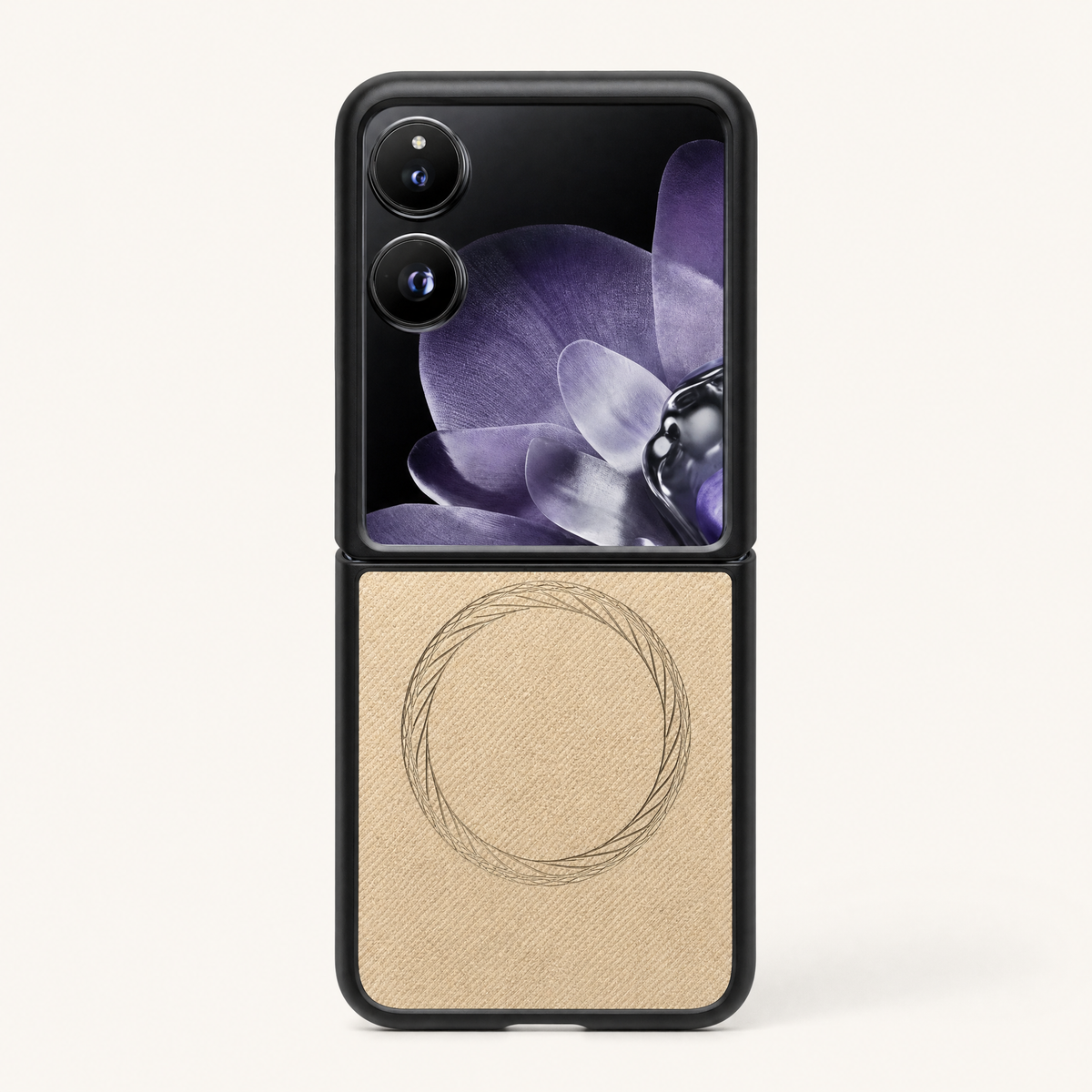 Xiaomi Mix Flip MagSafe case with a beige textured leather-look lower panel, black bumper, and circular magnetic ring