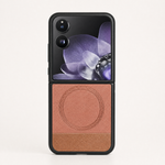 Xiaomi Mix Flip MagSafe case with a black bumper and copper-brown textured leather-look panels, featuring a circular grip