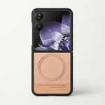 Xiaomi Mix Flip MagSafe case with a black bumper, peach textured leather-look panel and circular ring design