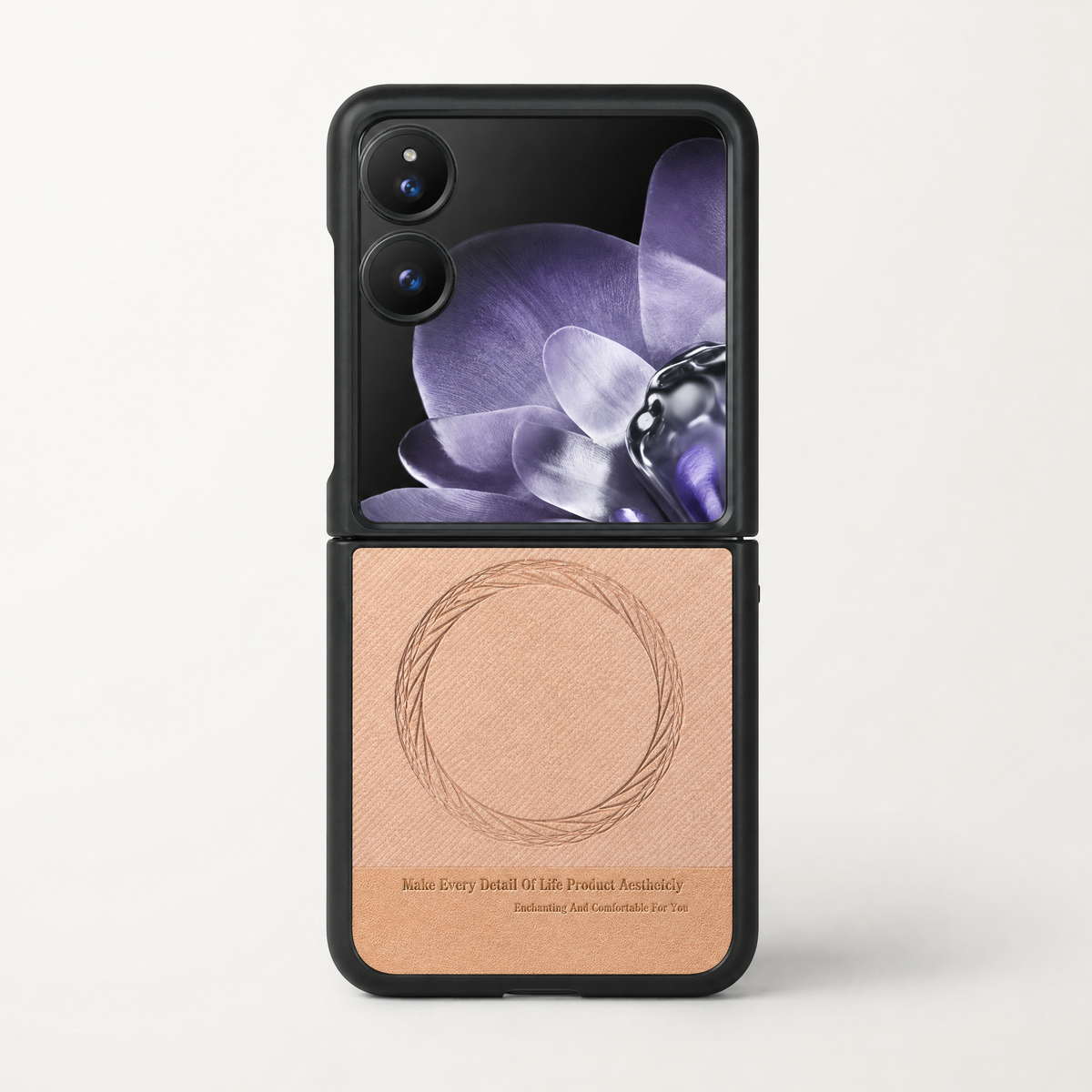 Xiaomi Mix Flip MagSafe case with a black bumper, peach textured leather-look panel and circular ring design