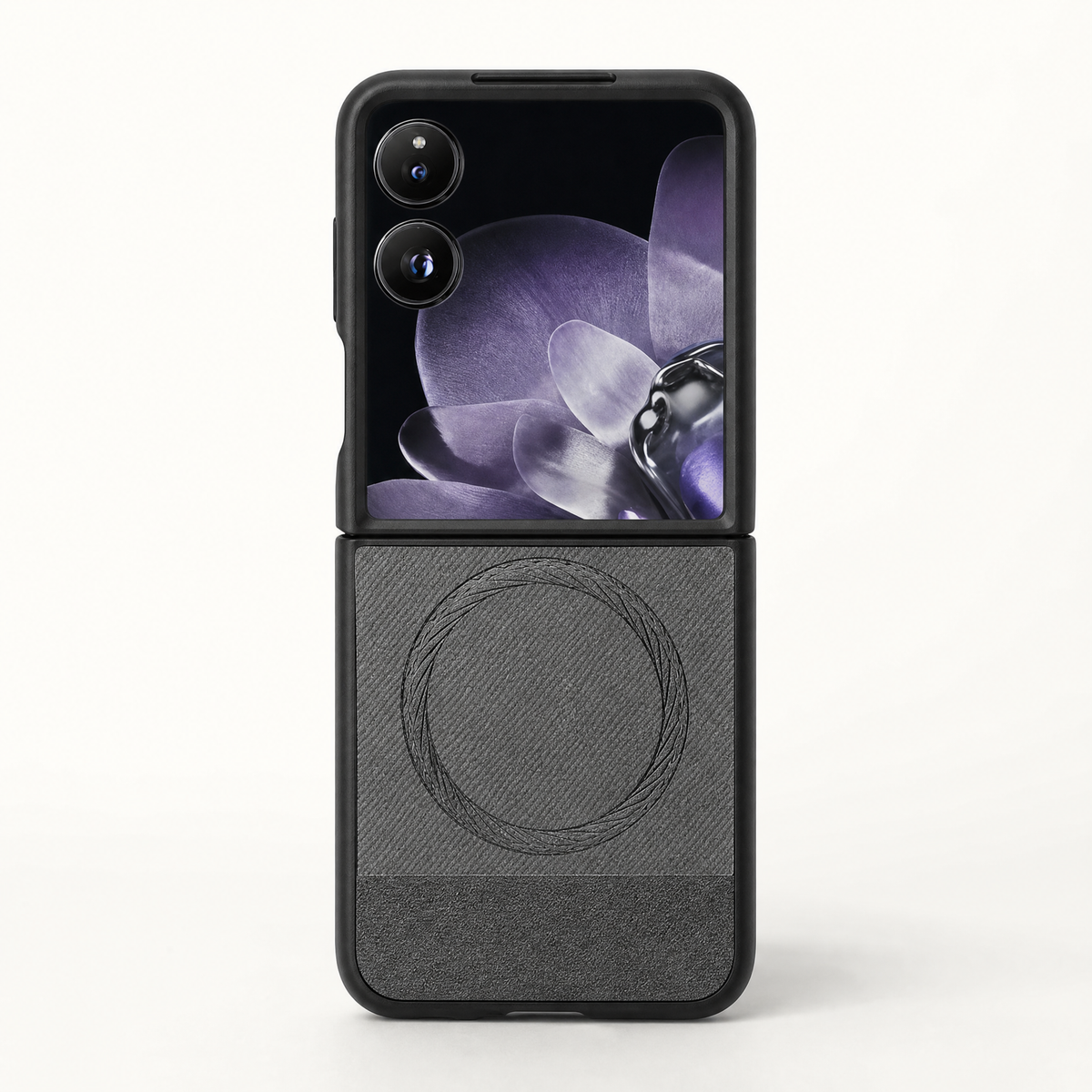Xiaomi Mix Flip MagSafe case in black textured material, with a circular magnetic ring and smooth raised camera bumper
