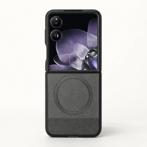 Xiaomi Mix Flip MagSafe case in black textured material, with a circular magnetic ring and smooth raised camera bumper