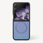 Xiaomi Mix Flip MagSafe case in blue textured fabric with black bumper and circular magnetic ring on the lower back