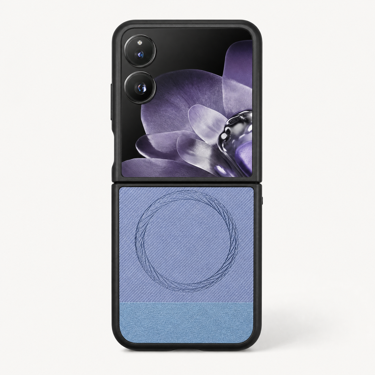 Xiaomi Mix Flip MagSafe case in blue textured fabric with black bumper and circular magnetic ring on the lower back