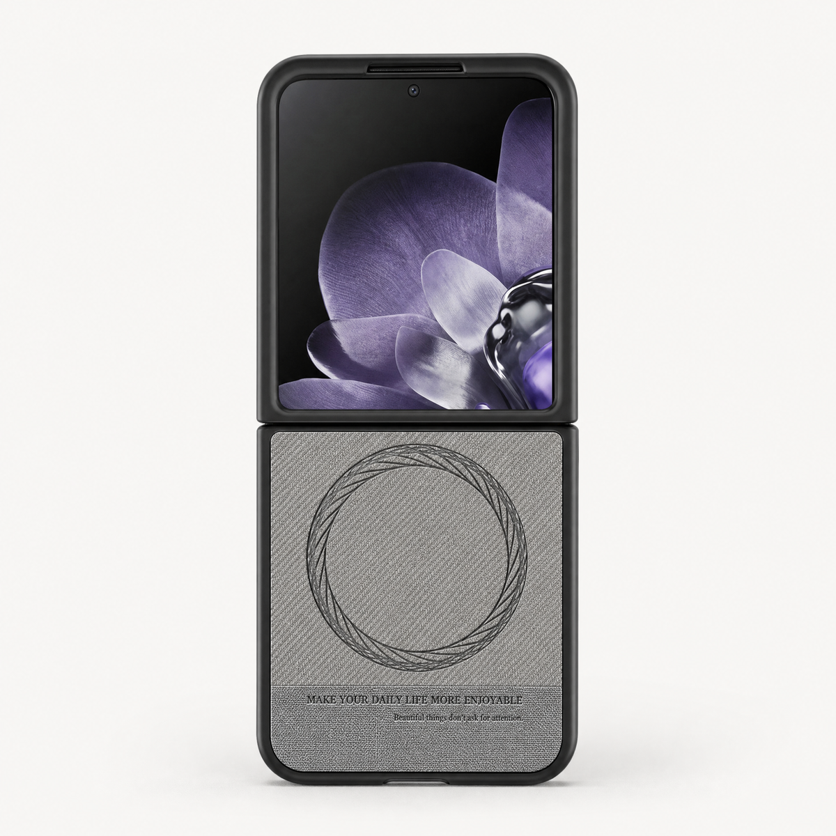 Xiaomi Mix Flip MagSafe case in grey with a textured leather-look back, circular magnetic ring and black bumper