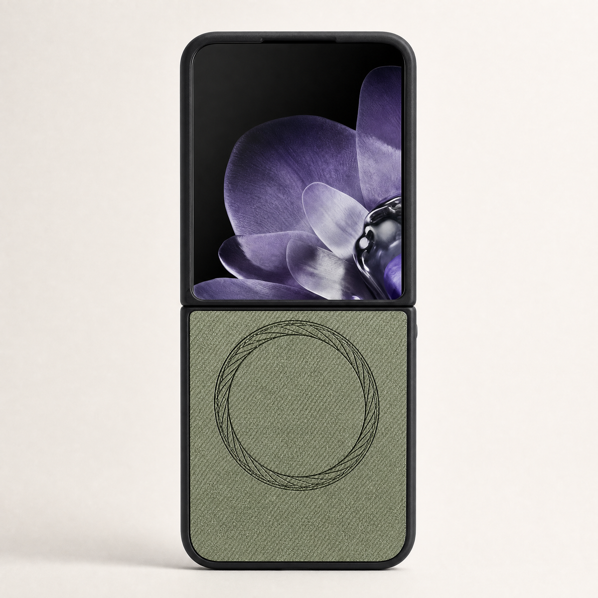 Xiaomi Mix Flip MagSafe case in olive green textured leather-look material with black bumper and circular ring detail