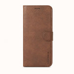 Xiaomi POCO Leather Look wallet flip case in brown with a textured finish, stitched edges and magnetic strap closure