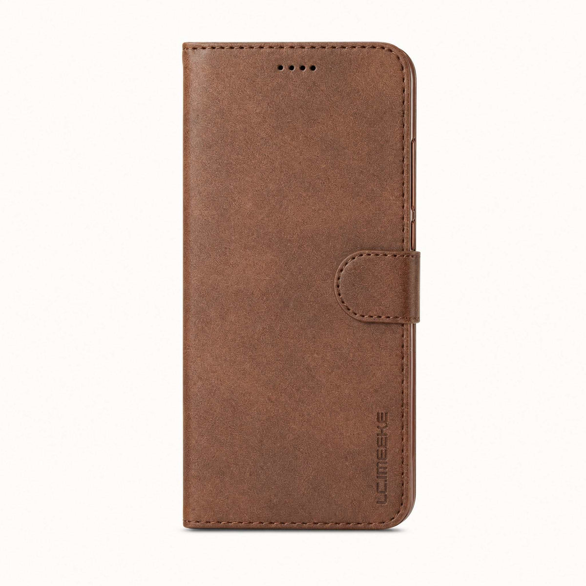 Xiaomi POCO Leather Look wallet flip case in brown with a textured finish, stitched edges and magnetic strap closure