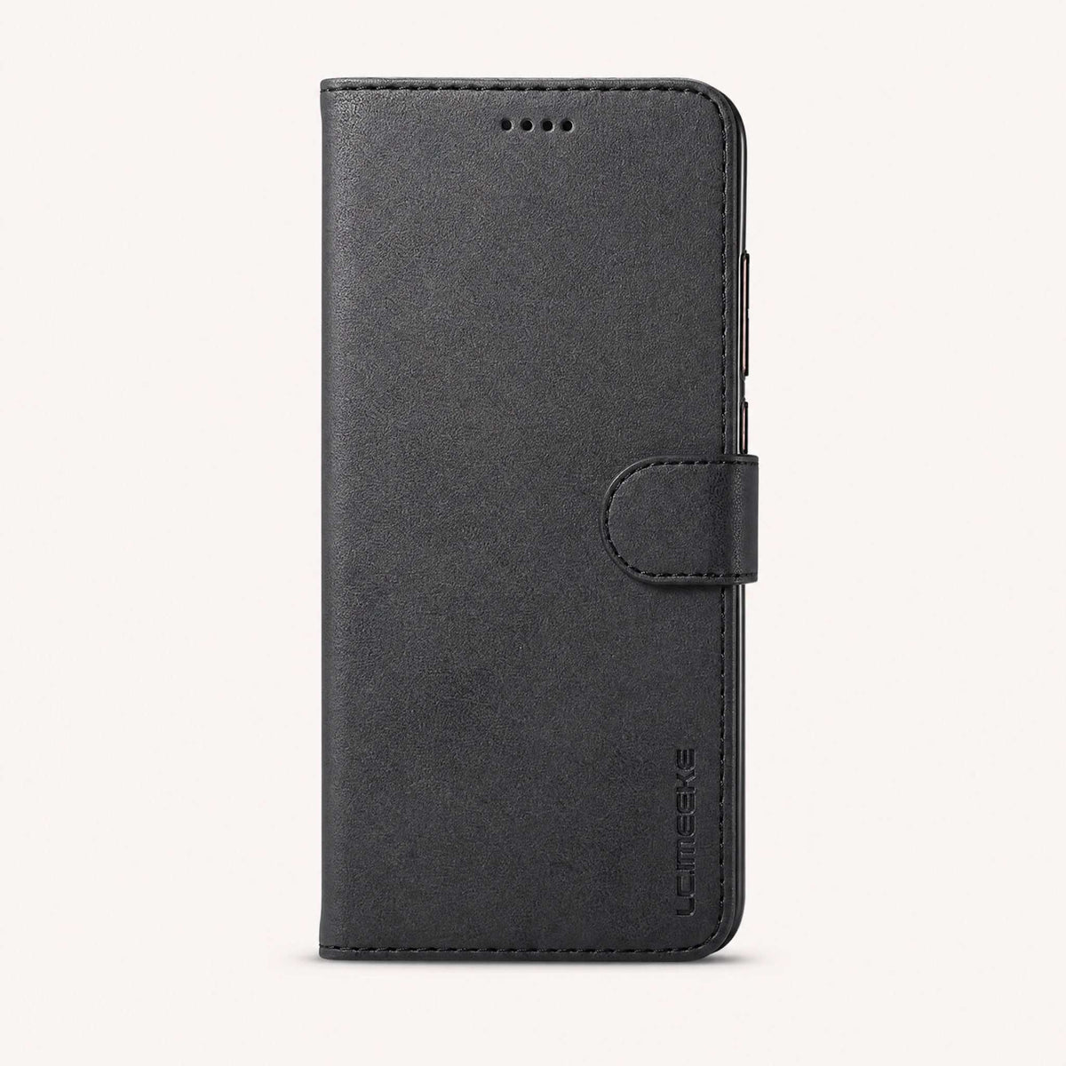 Xiaomi POCO Leather Look wallet flip case in charcoal black with a fine-grain leather-style finish, stitched edges and magnetic strap