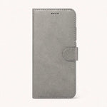Xiaomi POCO Leather Look wallet flip case in grey textured material with stitched edges and a magnetic closure strap