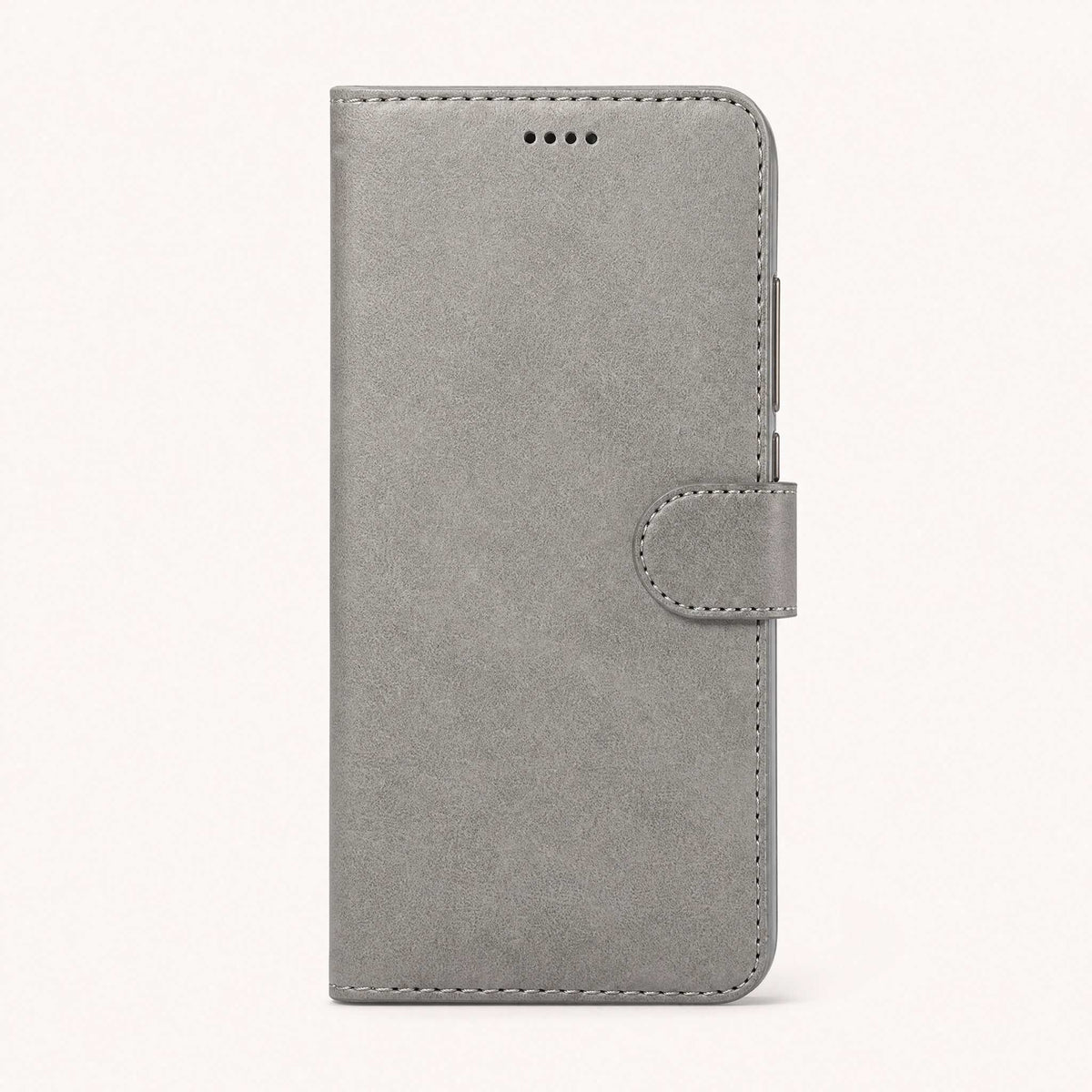 Xiaomi POCO Leather Look wallet flip case in grey textured material with stitched edges and a magnetic closure strap