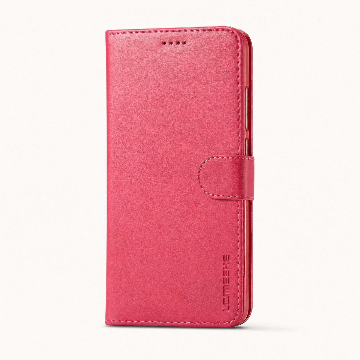 Xiaomi POCO Leather Look wallet flip case in rose red with a smooth textured finish, stitched edges and magnetic strap