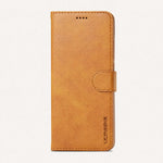 Xiaomi POCO Leather Look wallet flip case in tan faux leather with stitched edges and a magnetic side strap