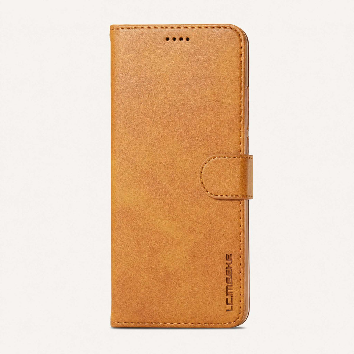 Xiaomi POCO Leather Look wallet flip case in tan faux leather with stitched edges and a magnetic side strap