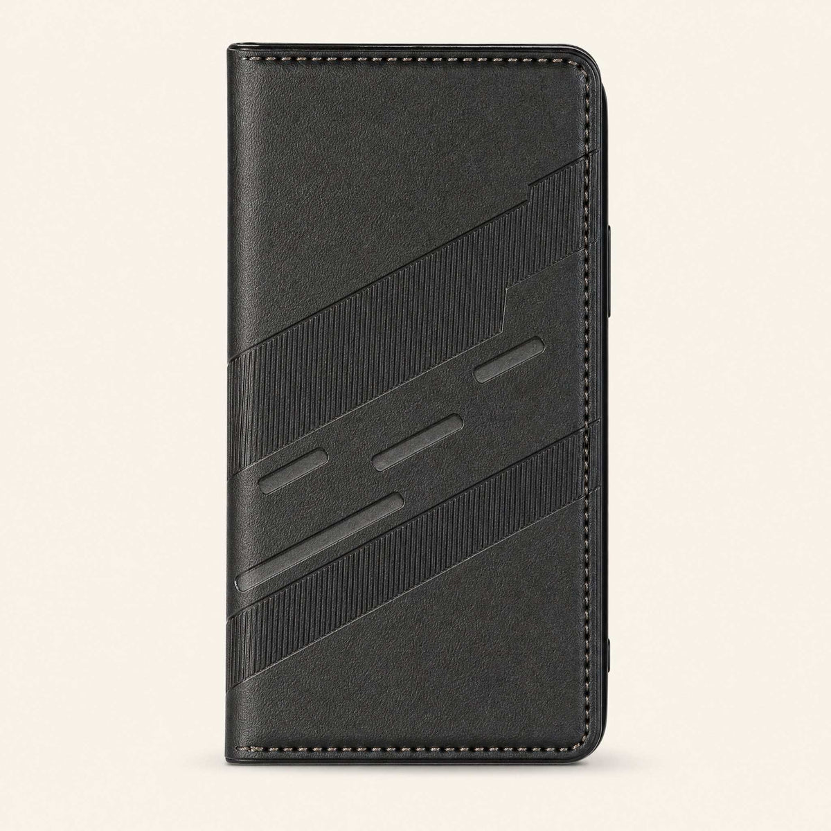 Xiaomi Redmi Luxury Leather Look flip wallet case in black, with a textured leather-like surface, stitched edges and diagonal embossed bands