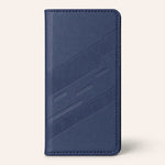 Xiaomi Redmi Luxury Leather Look flip wallet case in navy blue with stitched edges and embossed diagonal geometric bands.