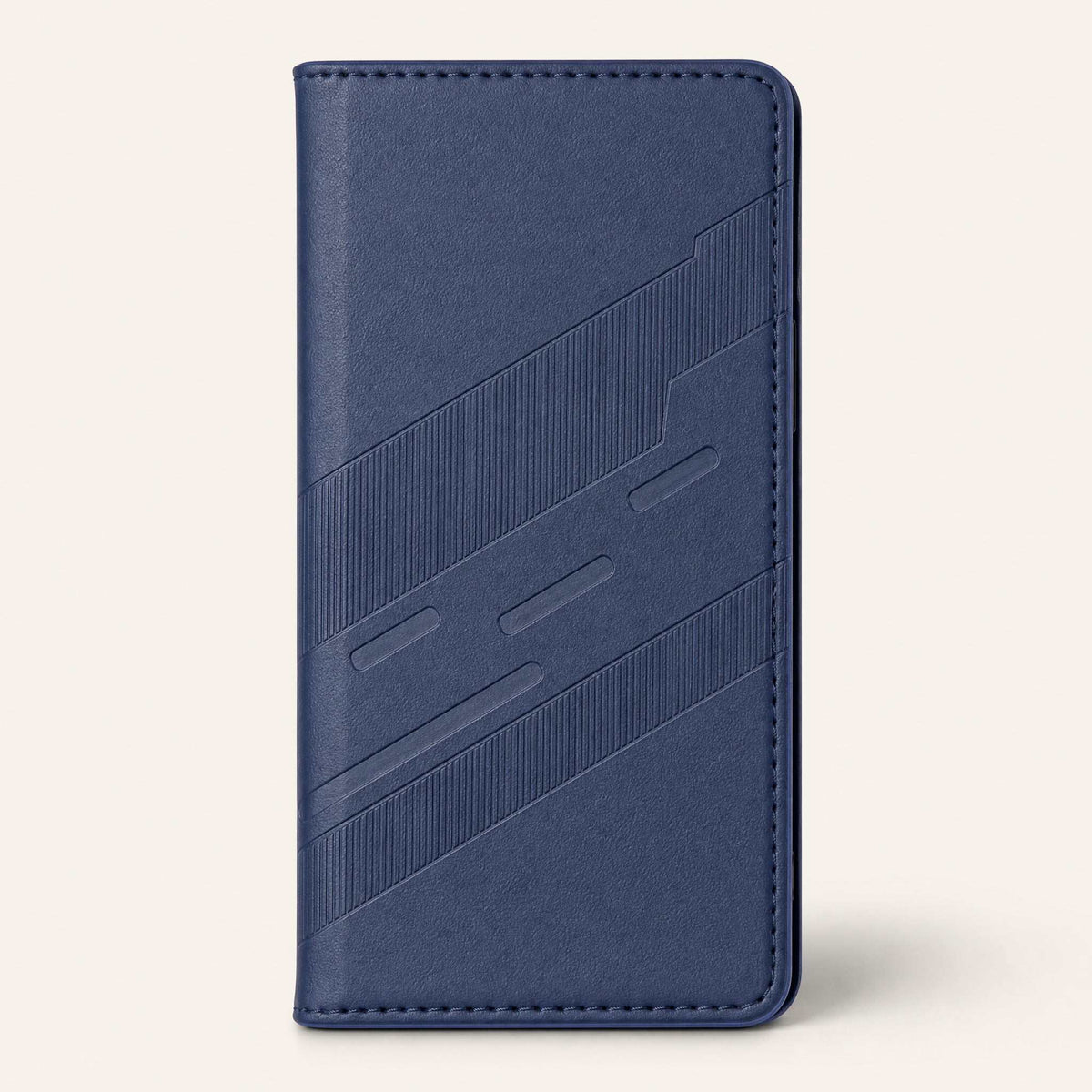 Xiaomi Redmi Luxury Leather Look flip wallet case in navy blue with stitched edges and embossed diagonal geometric bands.