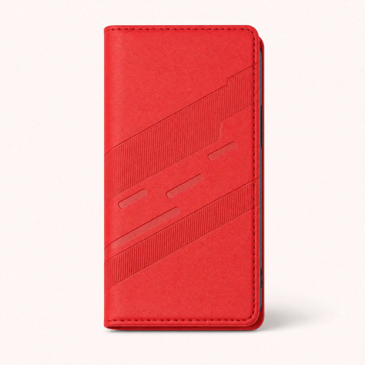 Xiaomi Redmi Luxury Leather Look flip wallet case in red with stitched edges and embossed diagonal textured bands