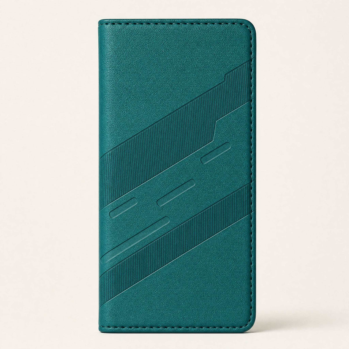 Xiaomi Redmi Luxury Leather Look flip wallet case in teal faux leather, with stitched edges and embossed diagonal geometric bands