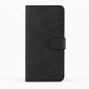 Xiaomi Redmi Note black leather-look flip wallet case with curved embossed lines, stitched edges and magnetic clasp