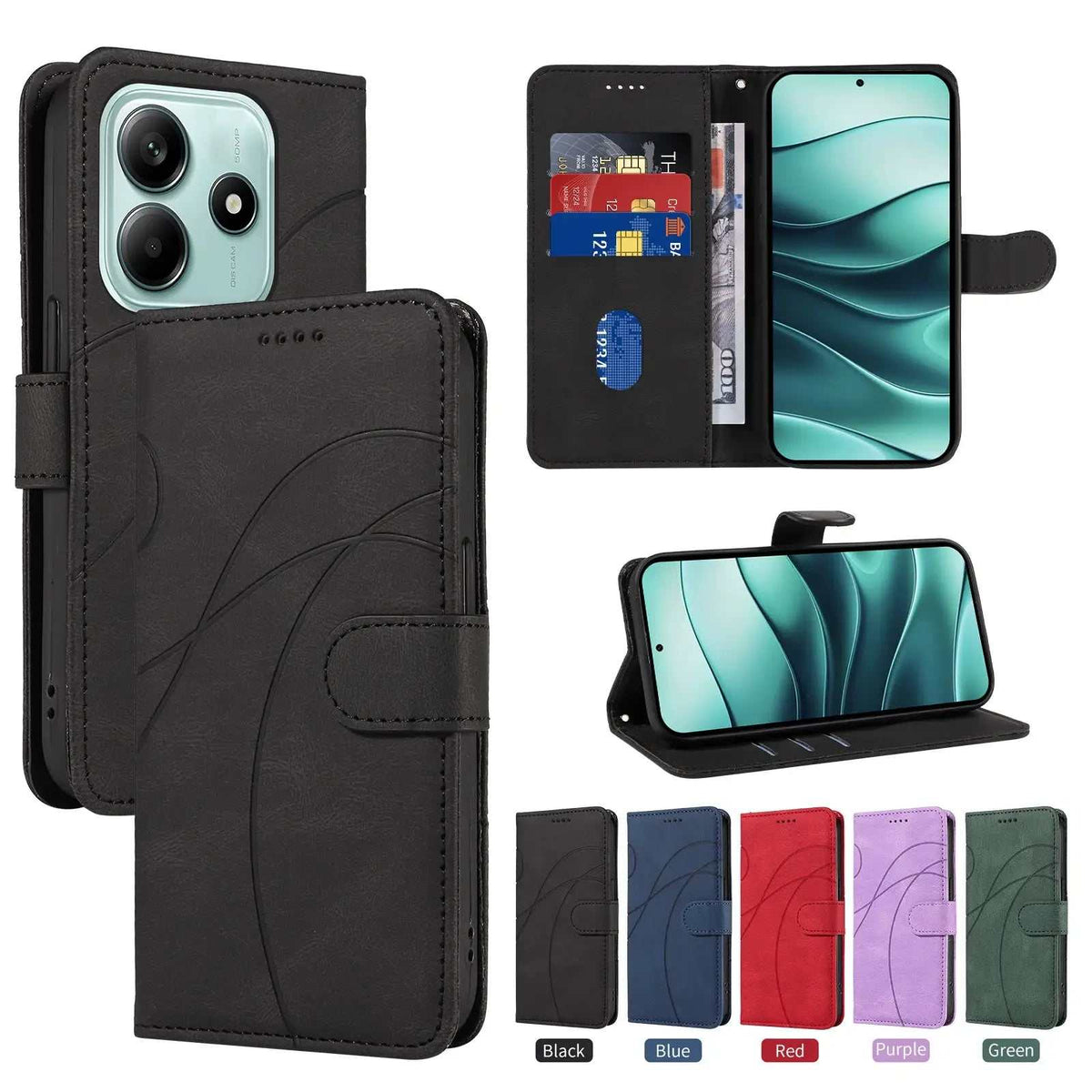 Xiaomi Redmi Note flip wallet case in black textured leather-look material with embossed curves, card slots and magnetic clasp