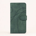 Xiaomi Redmi Note flip wallet case in dark green textured leather-look material with curved embossed lines and a magnetic clasp
