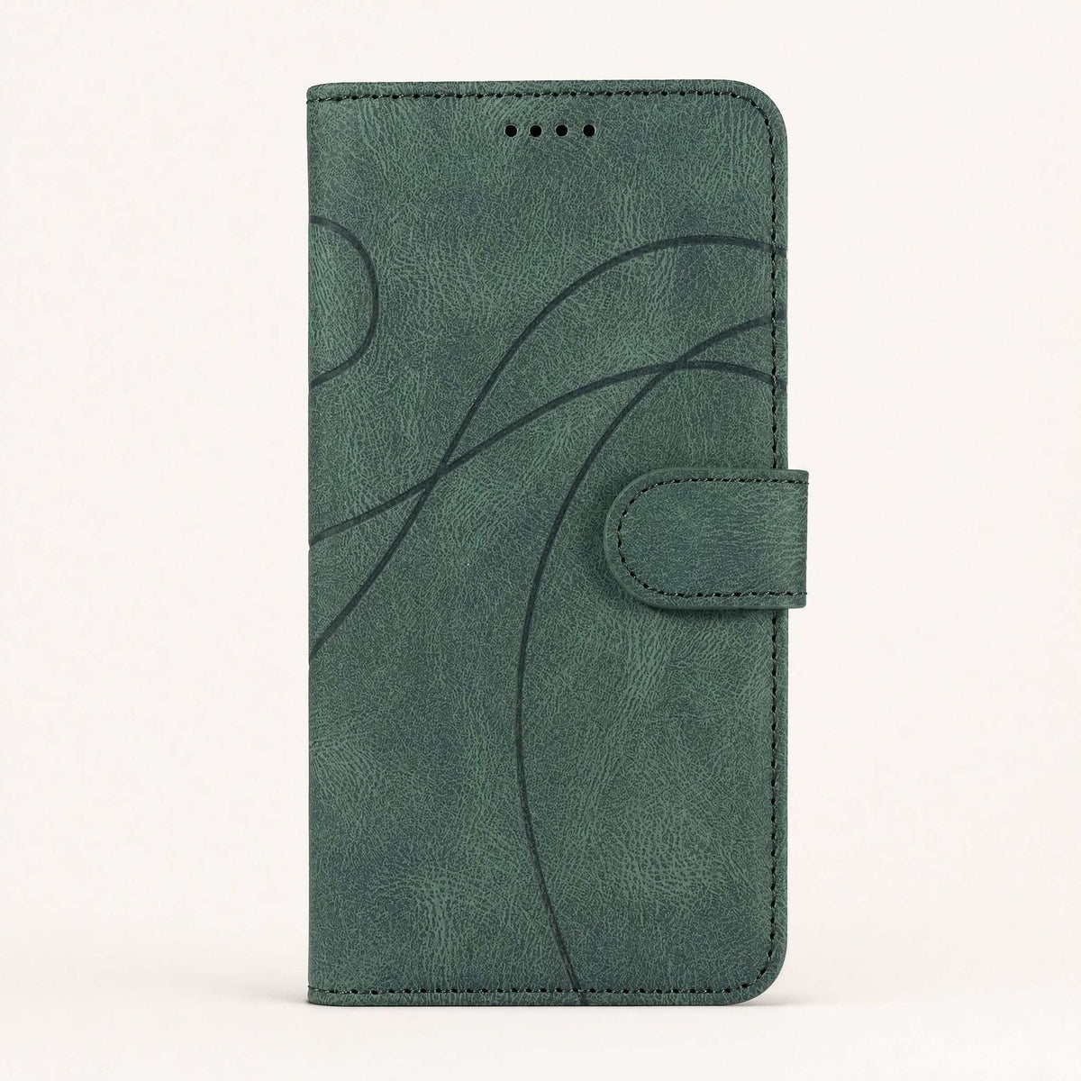 Xiaomi Redmi Note flip wallet case in dark green textured leather-look material with curved embossed lines and a magnetic clasp