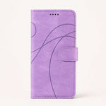 Xiaomi Redmi Note flip wallet case in lavender purple textured leather-look material with curved embossed lines and magnetic clasp