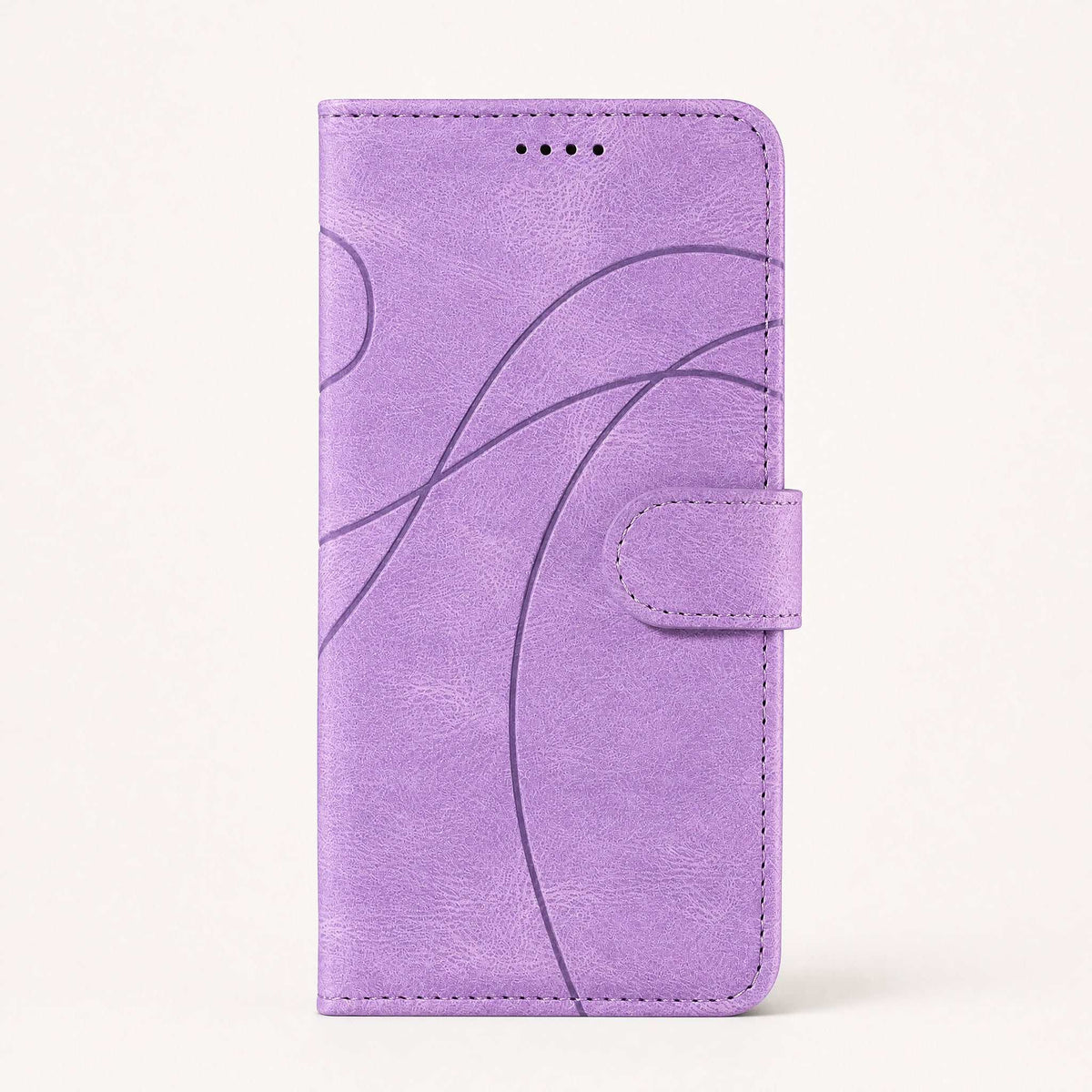 Xiaomi Redmi Note flip wallet case in lavender purple textured leather-look material with curved embossed lines and magnetic clasp
