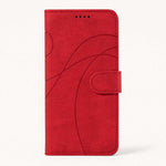 Xiaomi Redmi Note flip wallet case in red textured leather-look material with embossed curved lines and a magnetic clasp