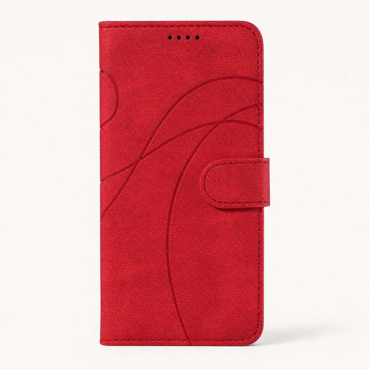 Xiaomi Redmi Note flip wallet case in red textured leather-look material with embossed curved lines and a magnetic clasp