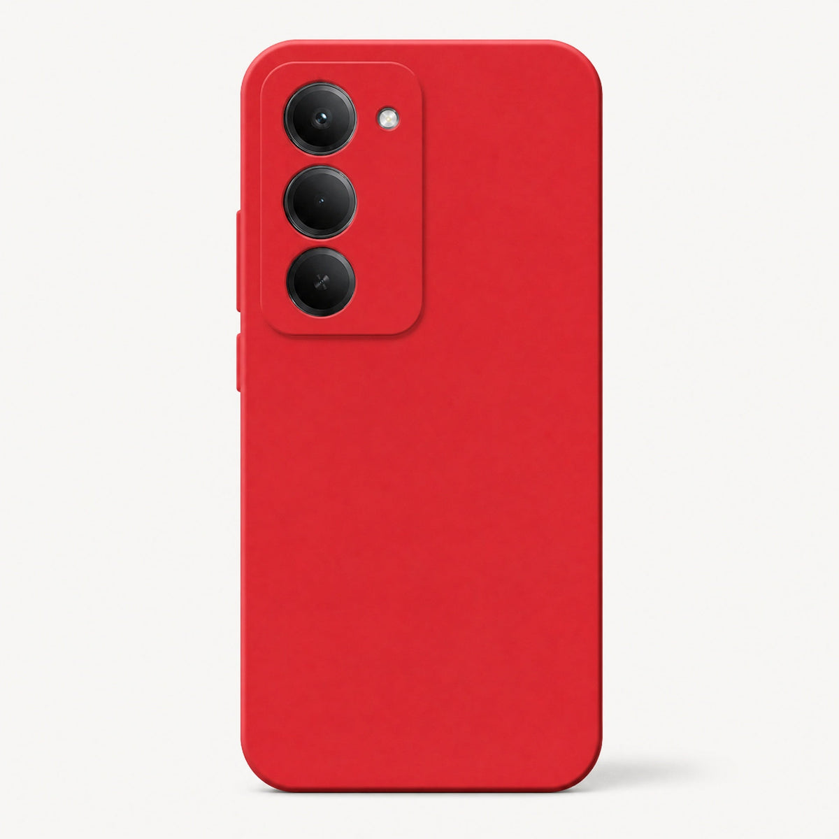 Xiaomi Redmi Shockproof case in bright red liquid silicone with a smooth matte finish and raised triple-camera edge
