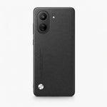 Xiaomi Sleek Leather Look Case in black textured leather-look material, with dual cameras and a circular metallic accent