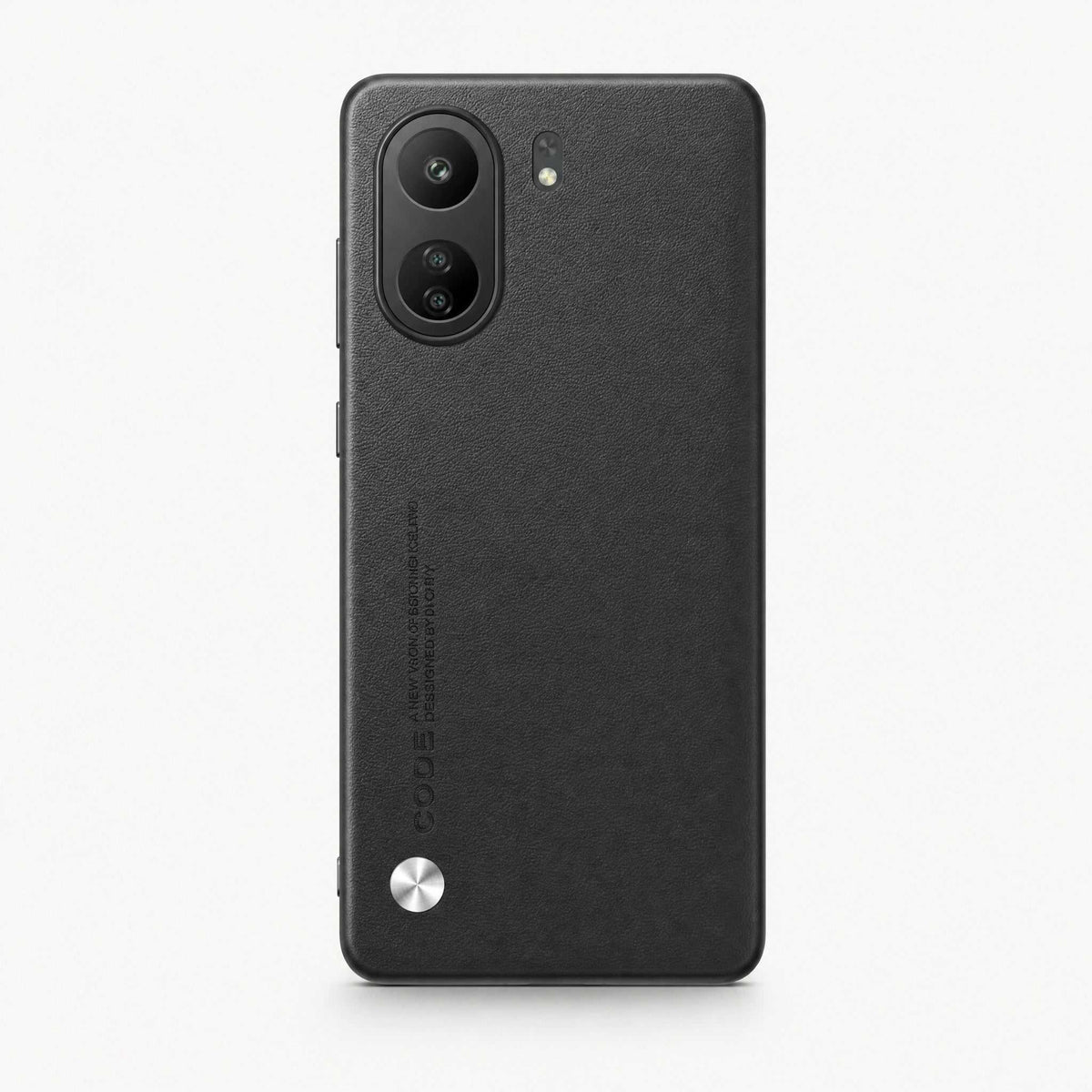 Xiaomi Sleek Leather Look Case in black textured leather-look material, with dual cameras and a circular metallic accent