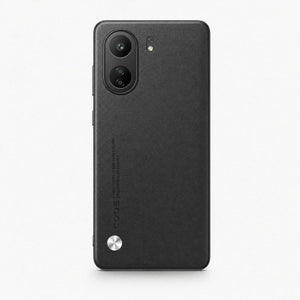 Xiaomi Sleek Leather Look Case in black textured leather-look material, with dual cameras and a circular metallic accent