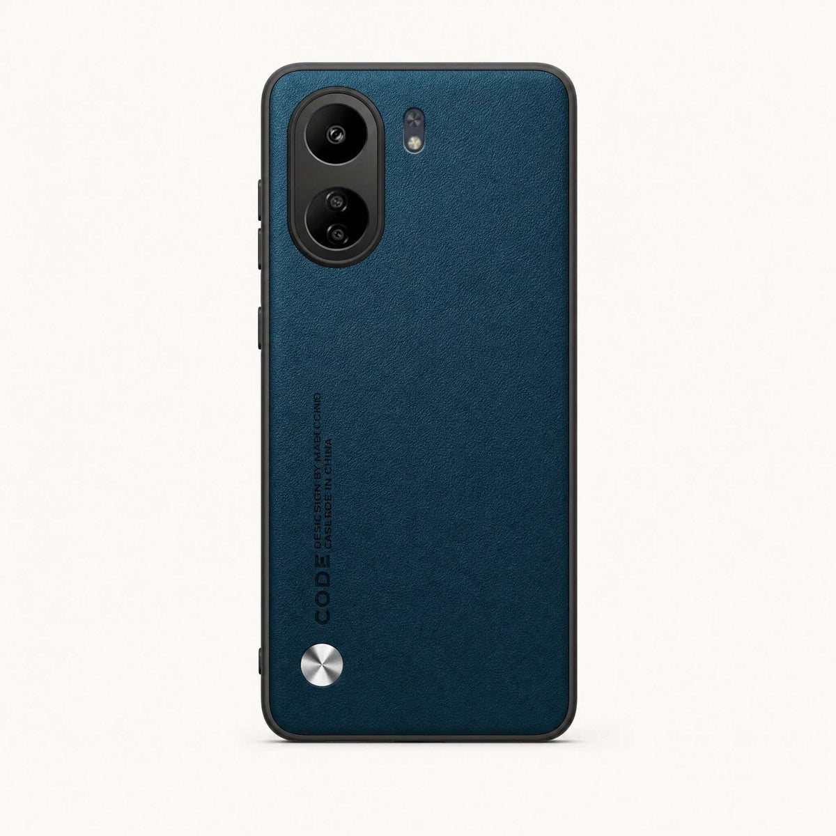 Xiaomi Sleek Leather Look Case in textured dark teal with a slim black edge, dual camera cutout and silver accent