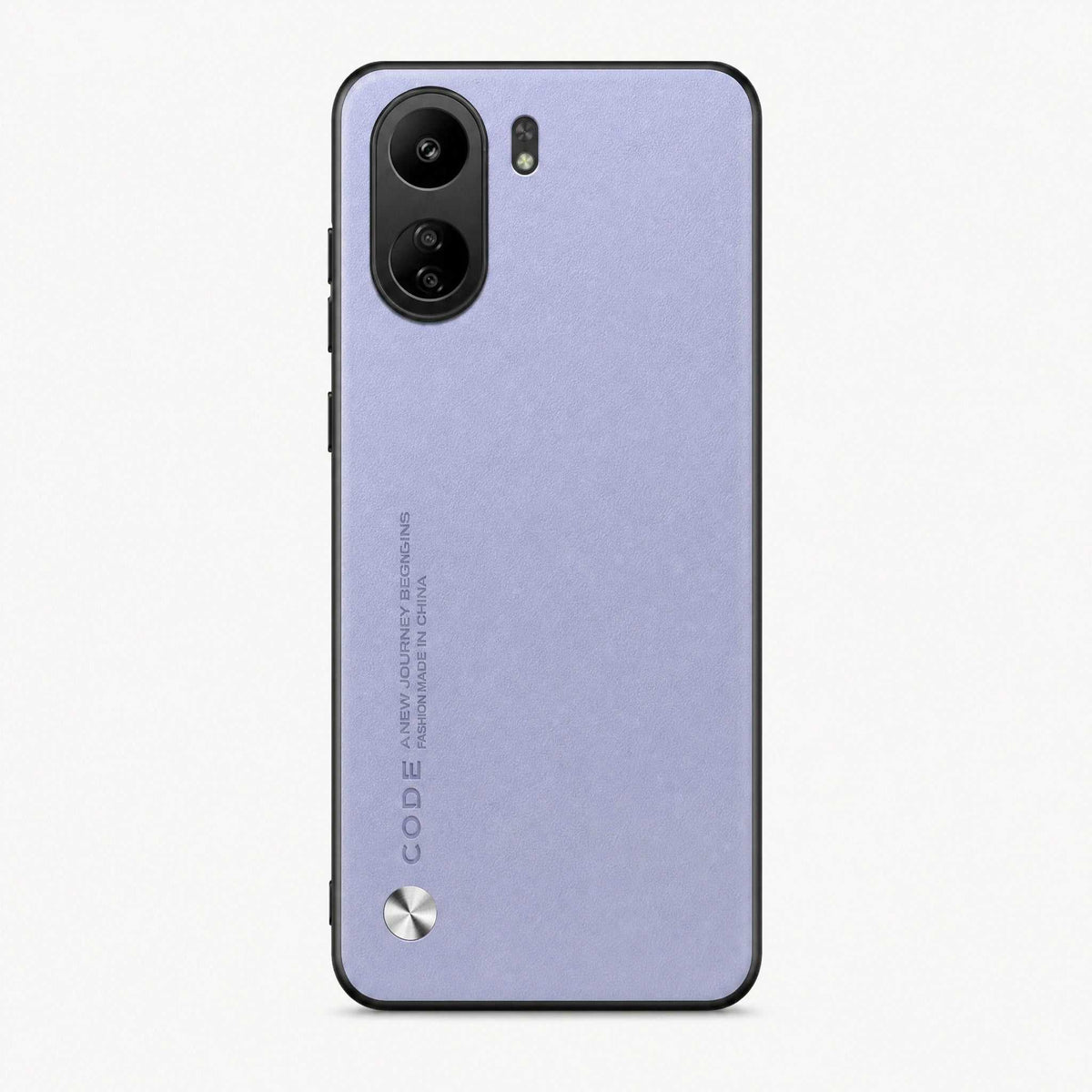 Xiaomi Sleek Leather Look Case in light purple with a fine textured finish, black raised edges and a silver circular accent