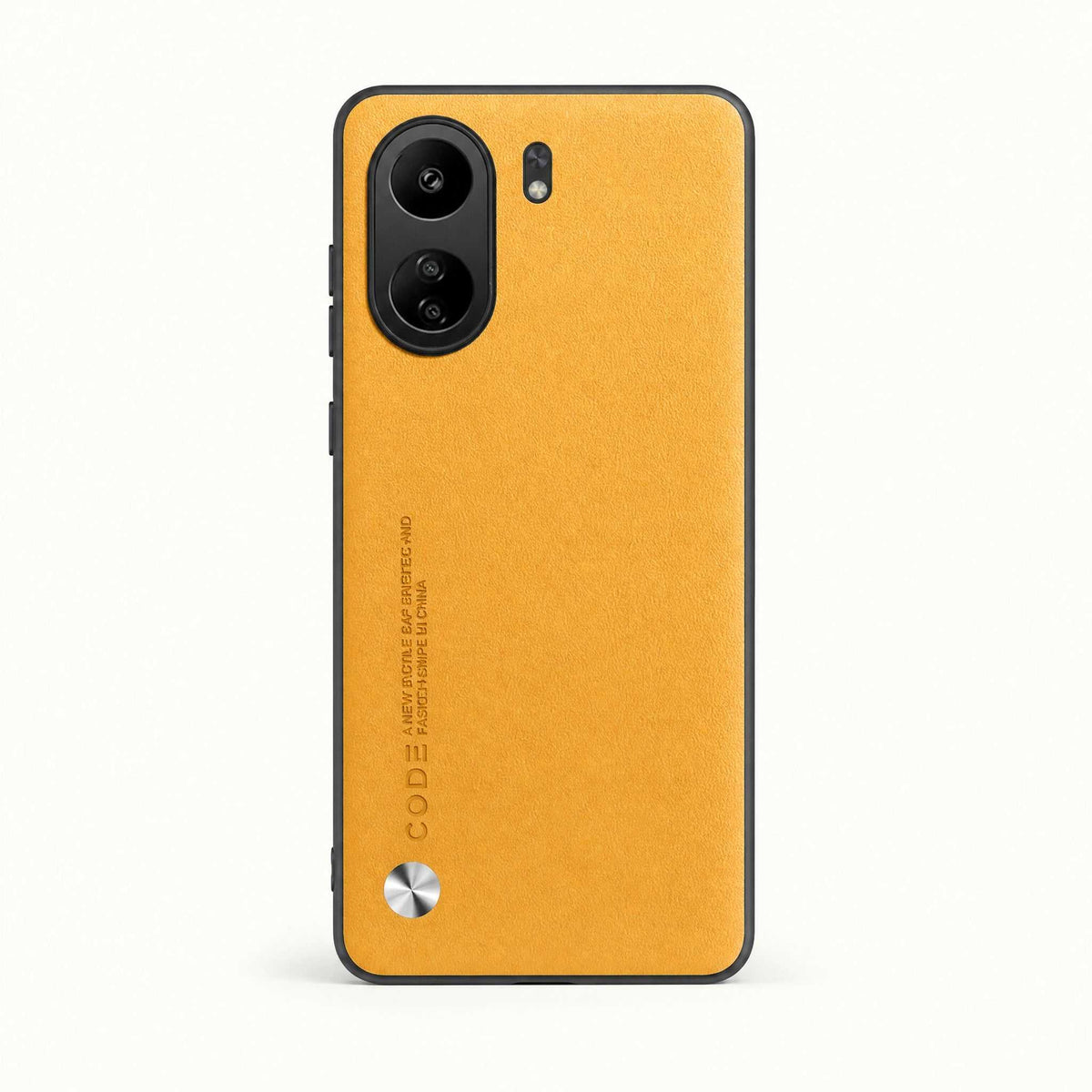 Xiaomi Sleek Leather Look Case in orange textured leather-like material with black edges and dual camera cutouts