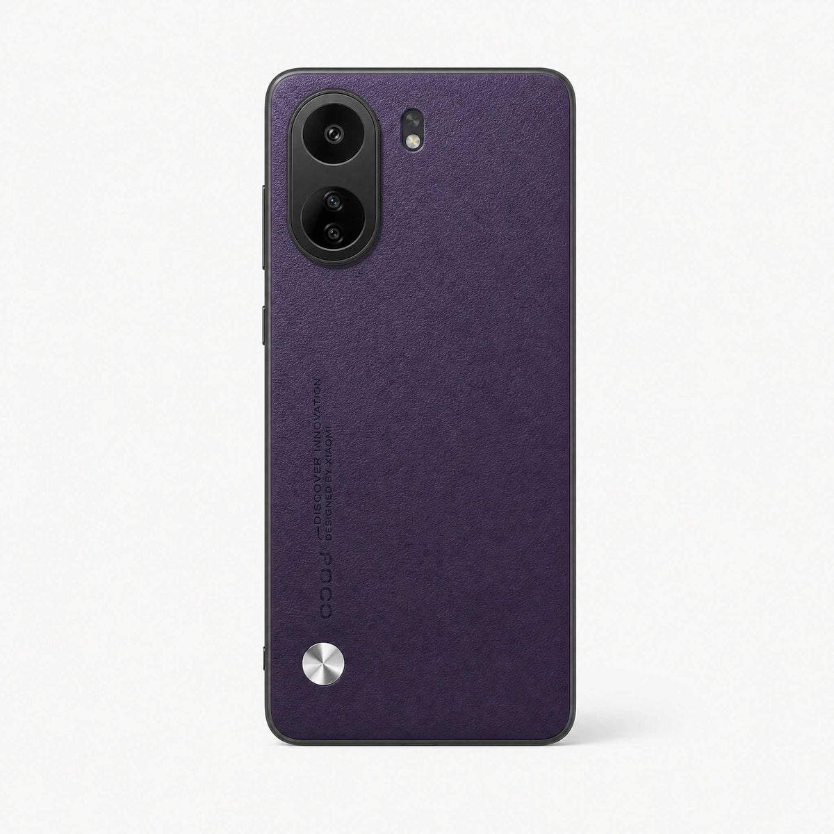 Xiaomi Sleek Leather Look Case in deep purple with a textured leather-like finish, dual cameras and silver circular accent