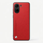 Xiaomi Sleek Leather Look Case in textured red with a slim black border, dual camera cutout and metallic accent