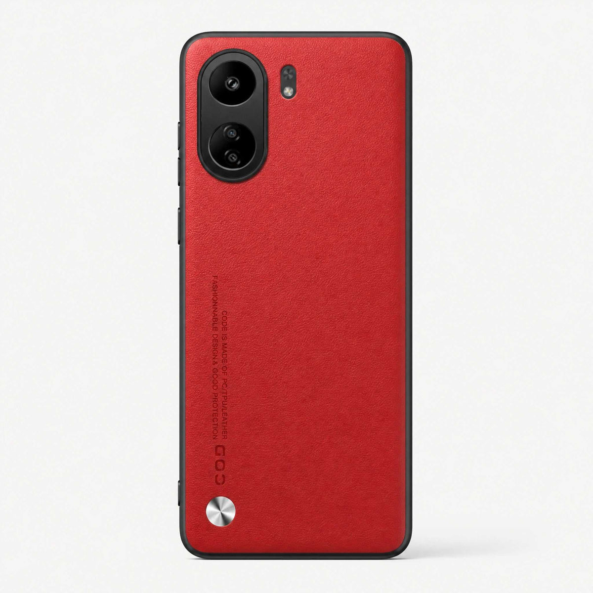 Xiaomi Sleek Leather Look Case in textured red with a slim black border, dual camera cutout and metallic accent