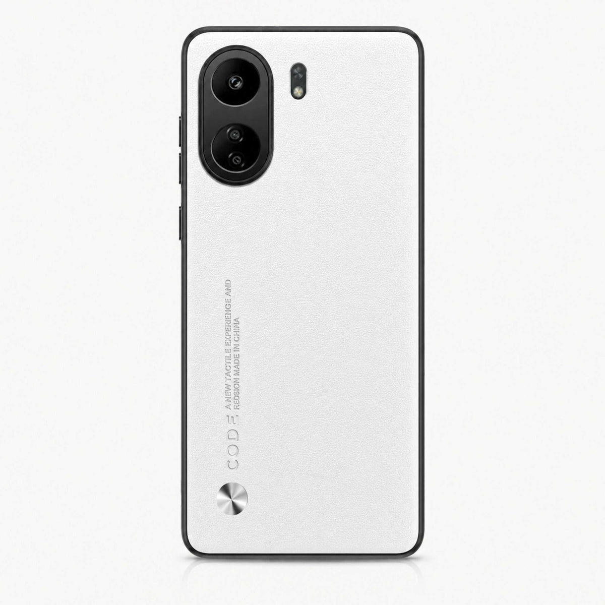 Xiaomi Sleek Leather Look Case with a white textured back, slim black border, dual camera cutout and metallic accent