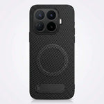 Xiaomi Textured Magnetic Bracket Phone Case in black with a carbon-fibre crosshatch pattern, circular magnetic ring and fold-out stand