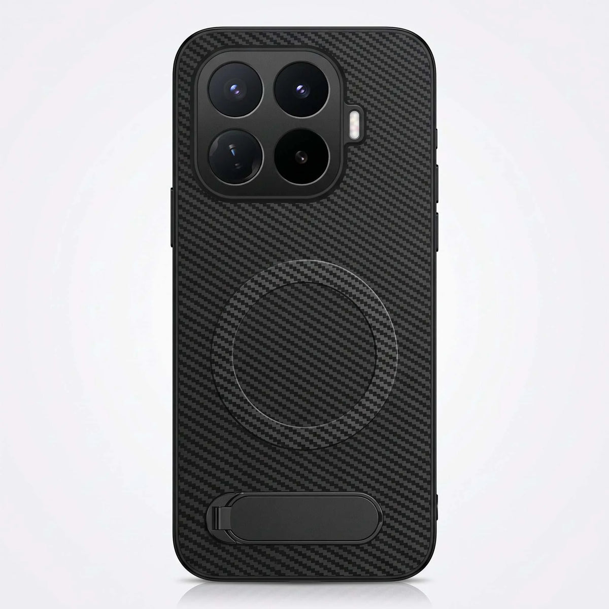 Xiaomi Textured Magnetic Bracket Phone Case in black with a carbon-fibre crosshatch pattern, circular magnetic ring and fold-out stand